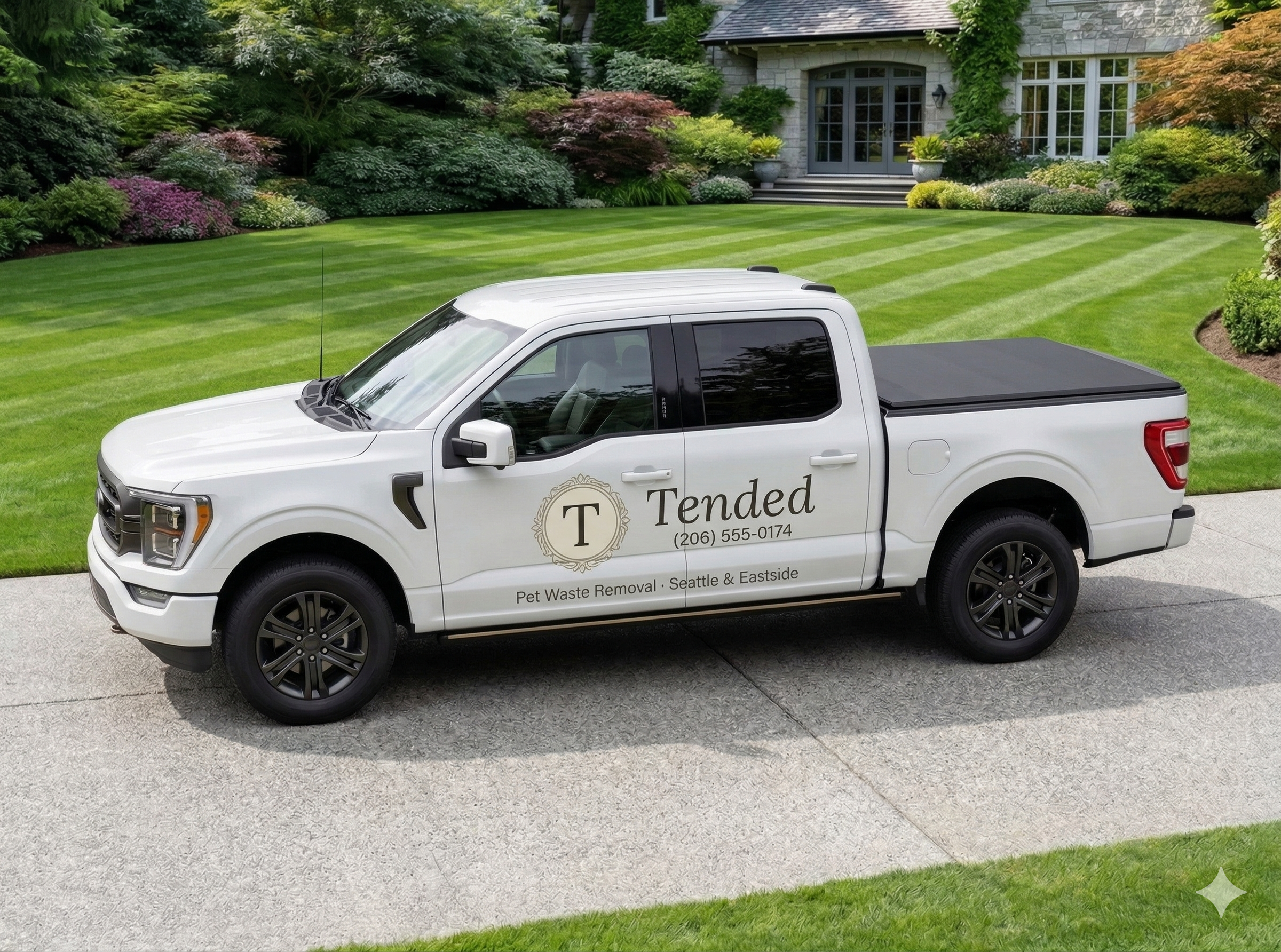 Tended service vehicle — clean white truck with understated branding parked at a premium Seattle-area estate